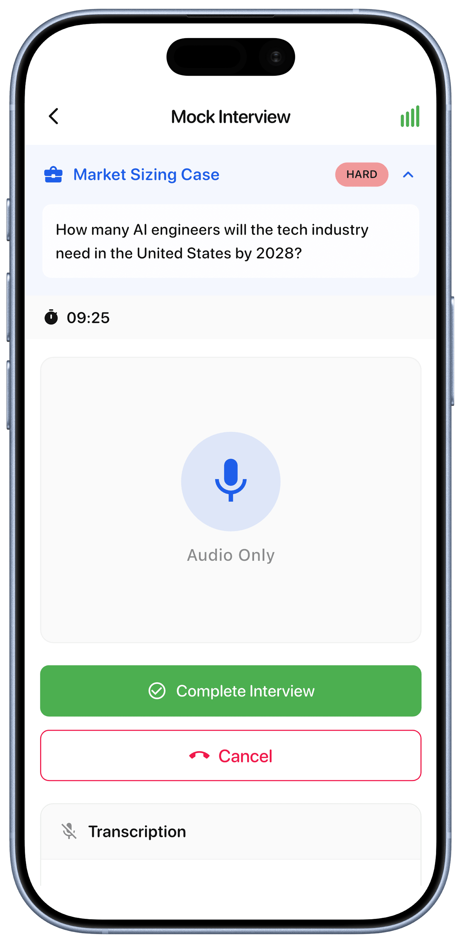 Live interview session with transcription panel