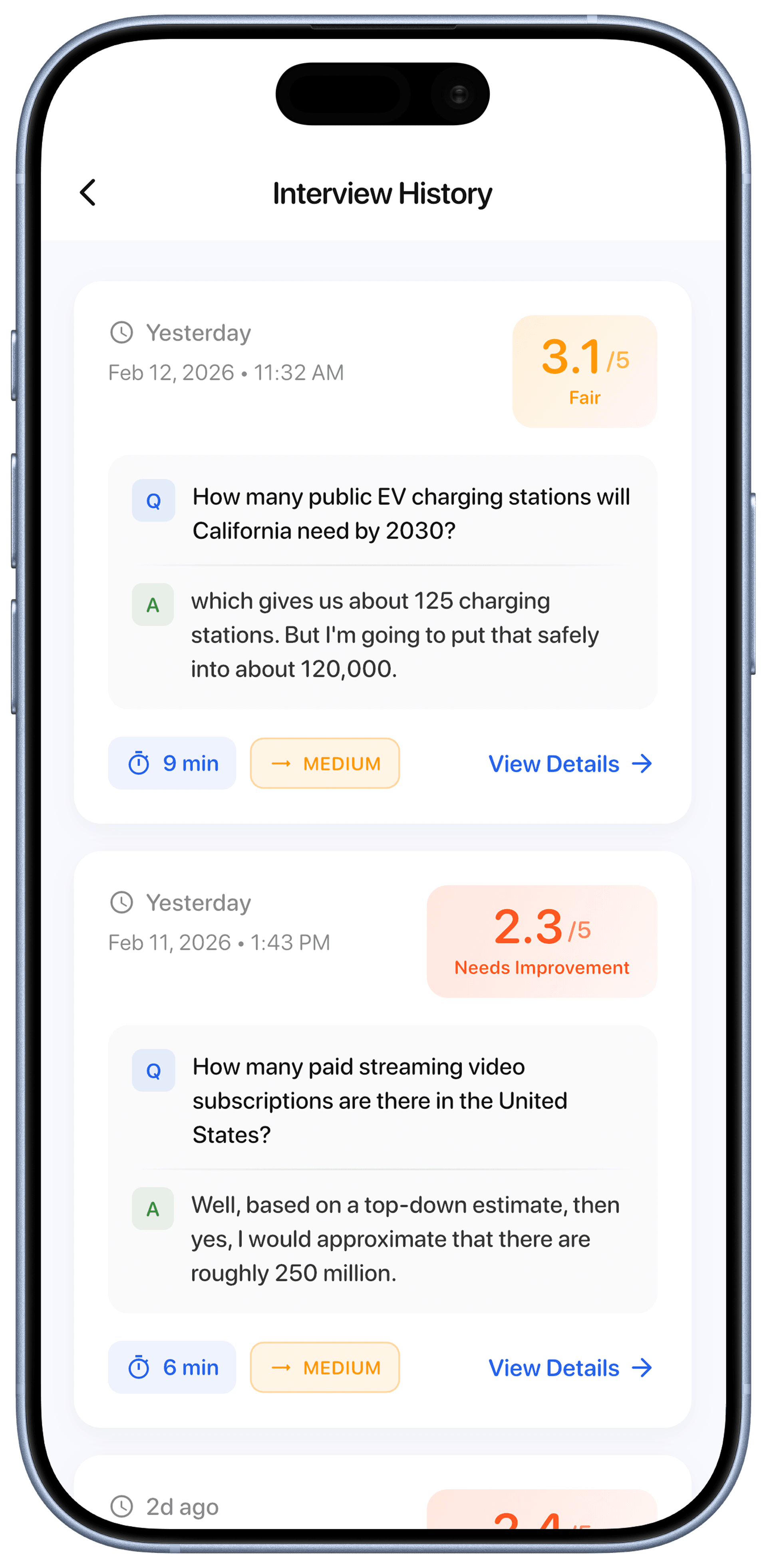 Interview history showing past sessions with scores