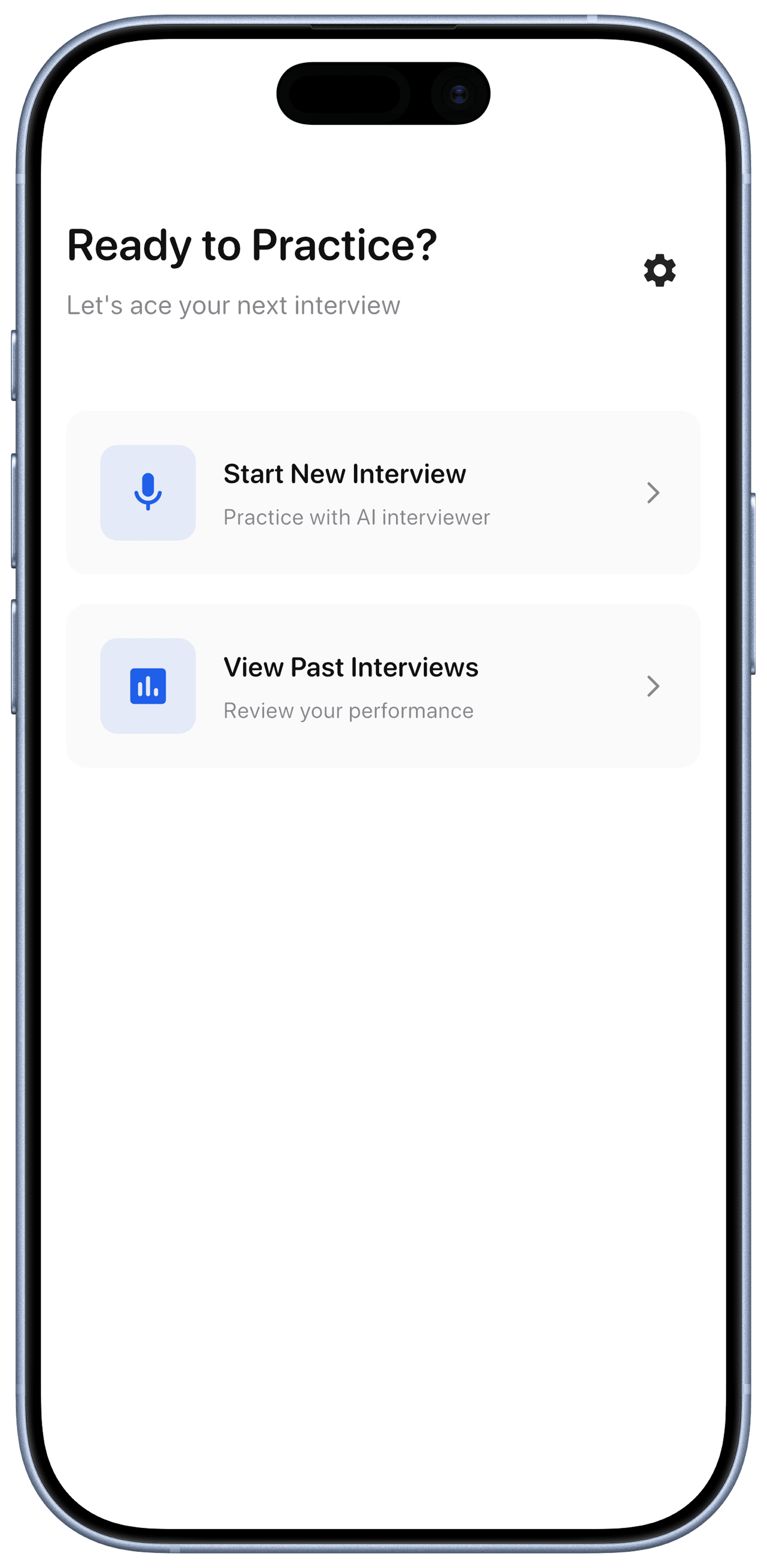 Home screen showing Start New Interview and View Past Interviews