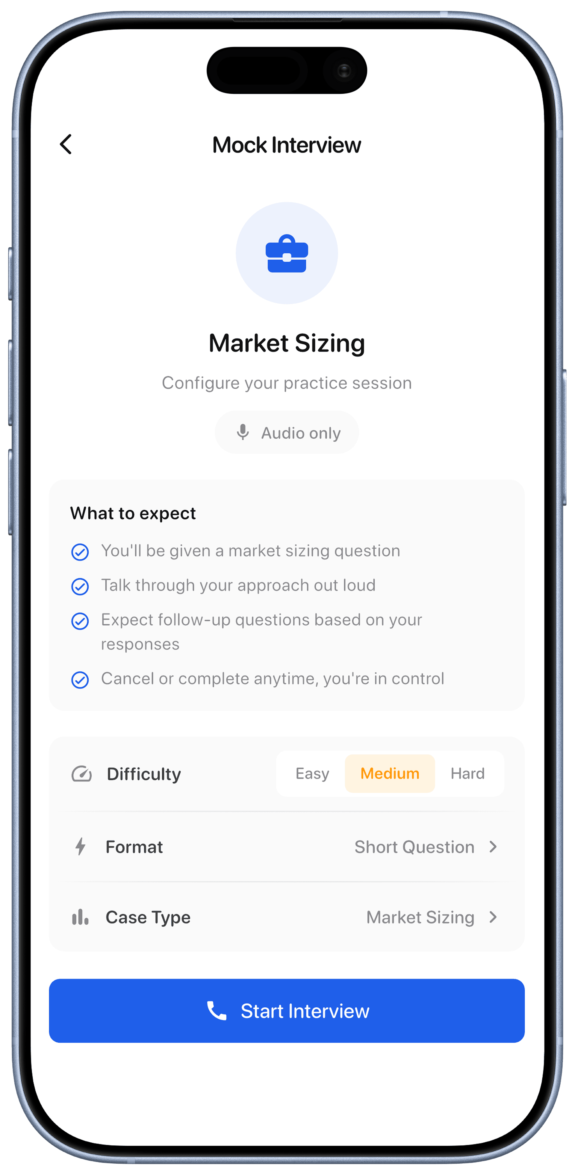 Interview setup screen showing Market Sizing case configuration